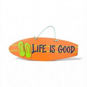 LIFE IS GOOD wooden surfboard Shape wall sign orange green flip flop